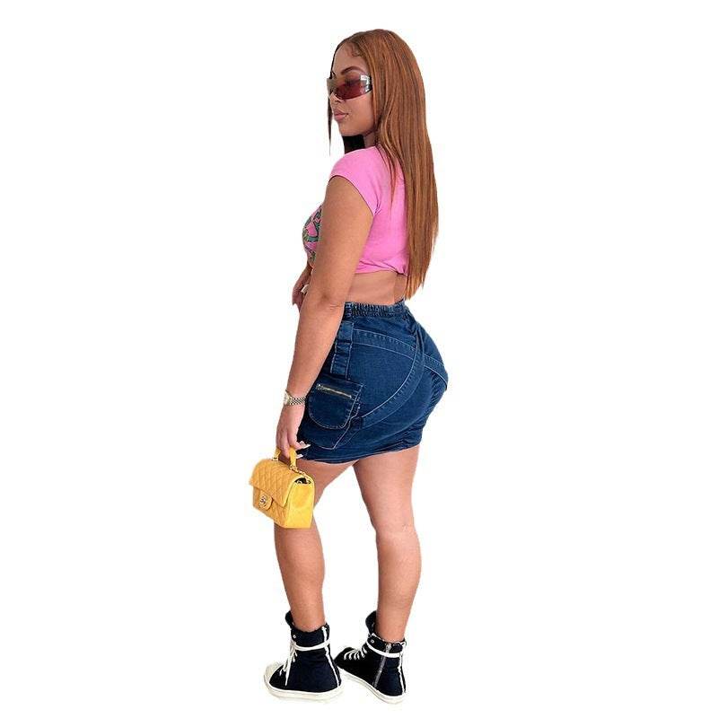 Cross School Bag Buckle V-shaped Waist Workwear Denim Mini  Cargo Skirt