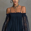 Long-Sleeve Lace Boat Neck Slip Dress – Solid Color Stretch Mini