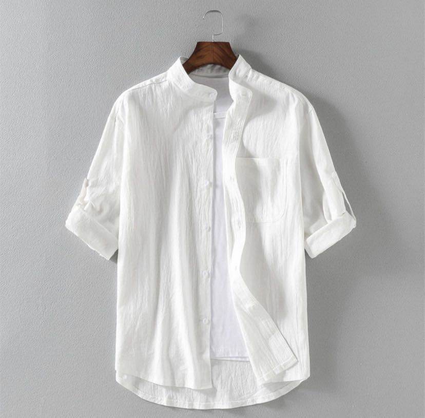 Men's Linen Stand Collar Loose Shirt – Korean Style Casual Cotton Shirt