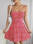 Women Fashion Printed Casual Spaghetti Strap Backless Mini Skater Dress
