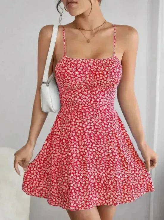 Women Fashion Printed Casual Spaghetti Strap Backless Mini Skater Dress