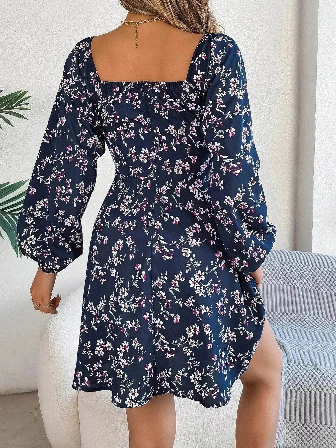 Casual Summer Floral Mini Dress Lantern Sleeve  Skater Dress