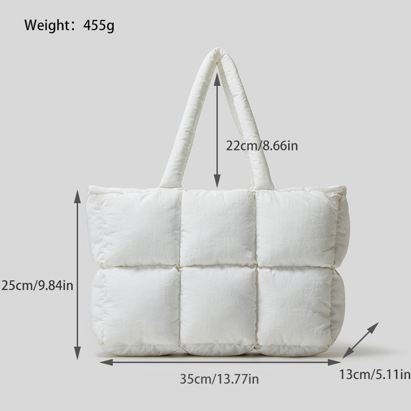 Soft Down Quilted Puffer Tote Handbag for Women – Cotton-Filled | White & Black