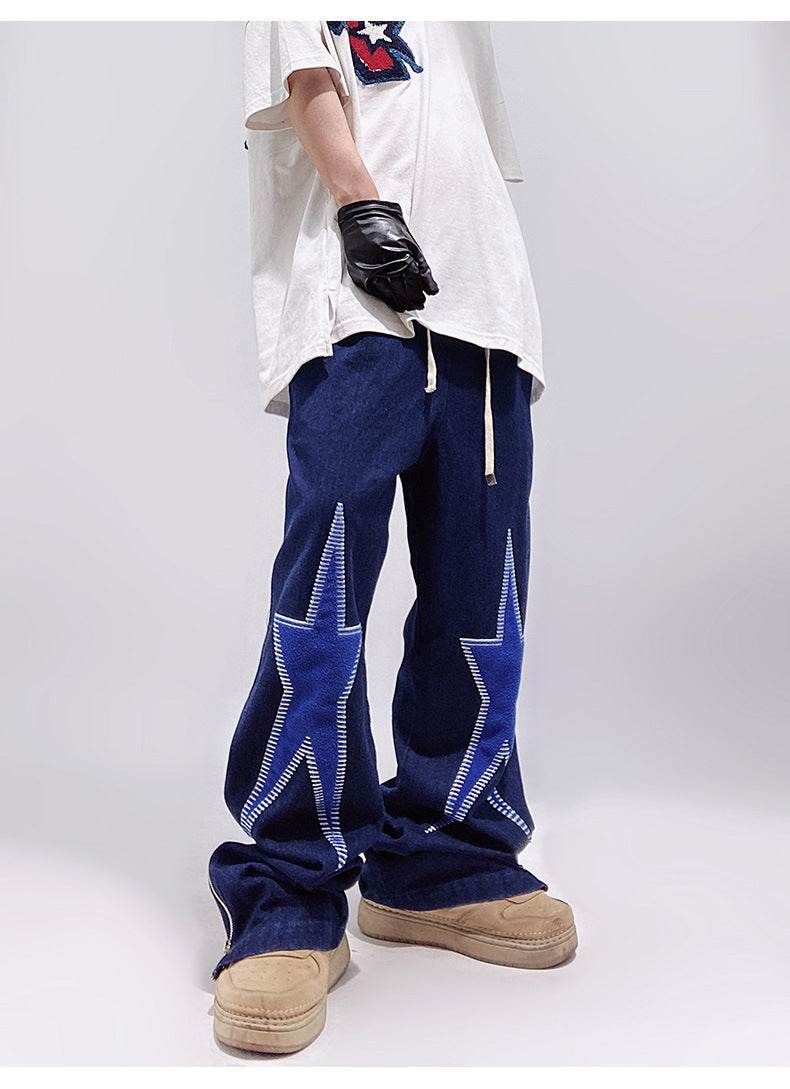 Five-pointed Star Embroidery Denim Horn Loose Straight Casual All-match Mop Jeans Baggy Trousers Men