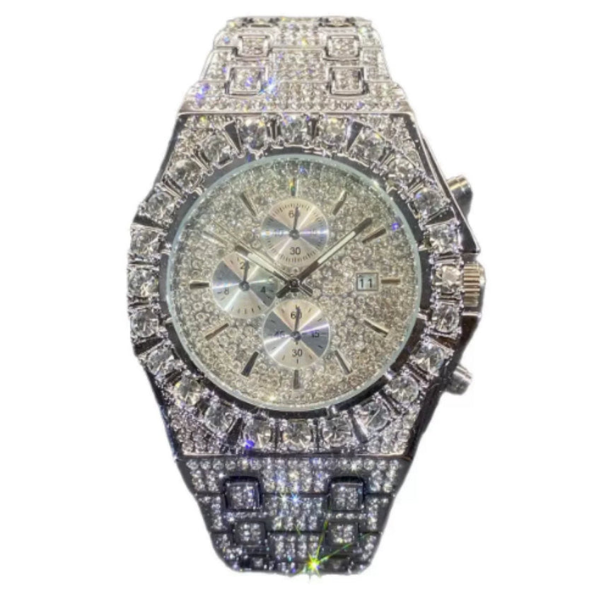 Men's Iced Out Diamond Rhinestone Watch – Luxury Hip Hop Quartz Wristwatch