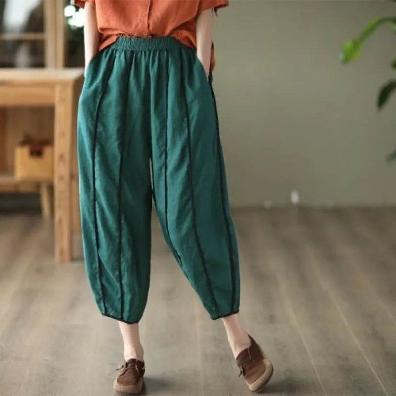 Women's Striped Cotton Linen Harem Bloomer Pants – High Waist Cropped