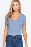 Short Sleeve V-neck Bust Line Detail Seamless Rib Top