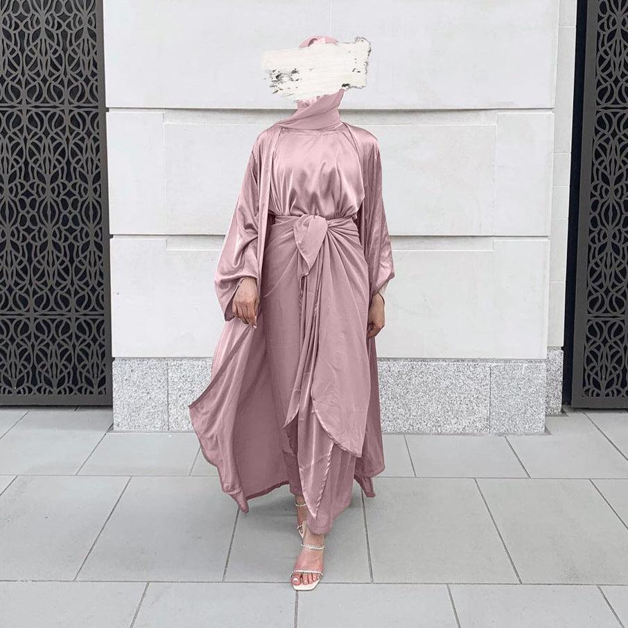 Women’s 3 Piece Abaya Set – Modest Satin Maxi Dress with Belt & Open Kimono Cardigan