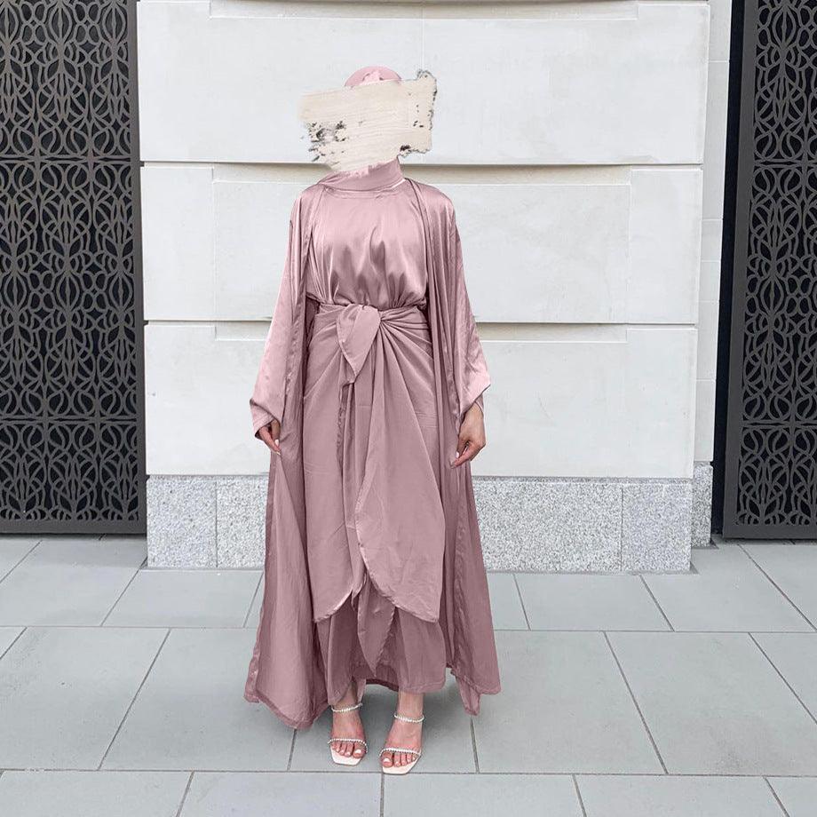 Women’s 3 Piece Abaya Set – Modest Satin Maxi Dress with Belt & Open Kimono Cardigan