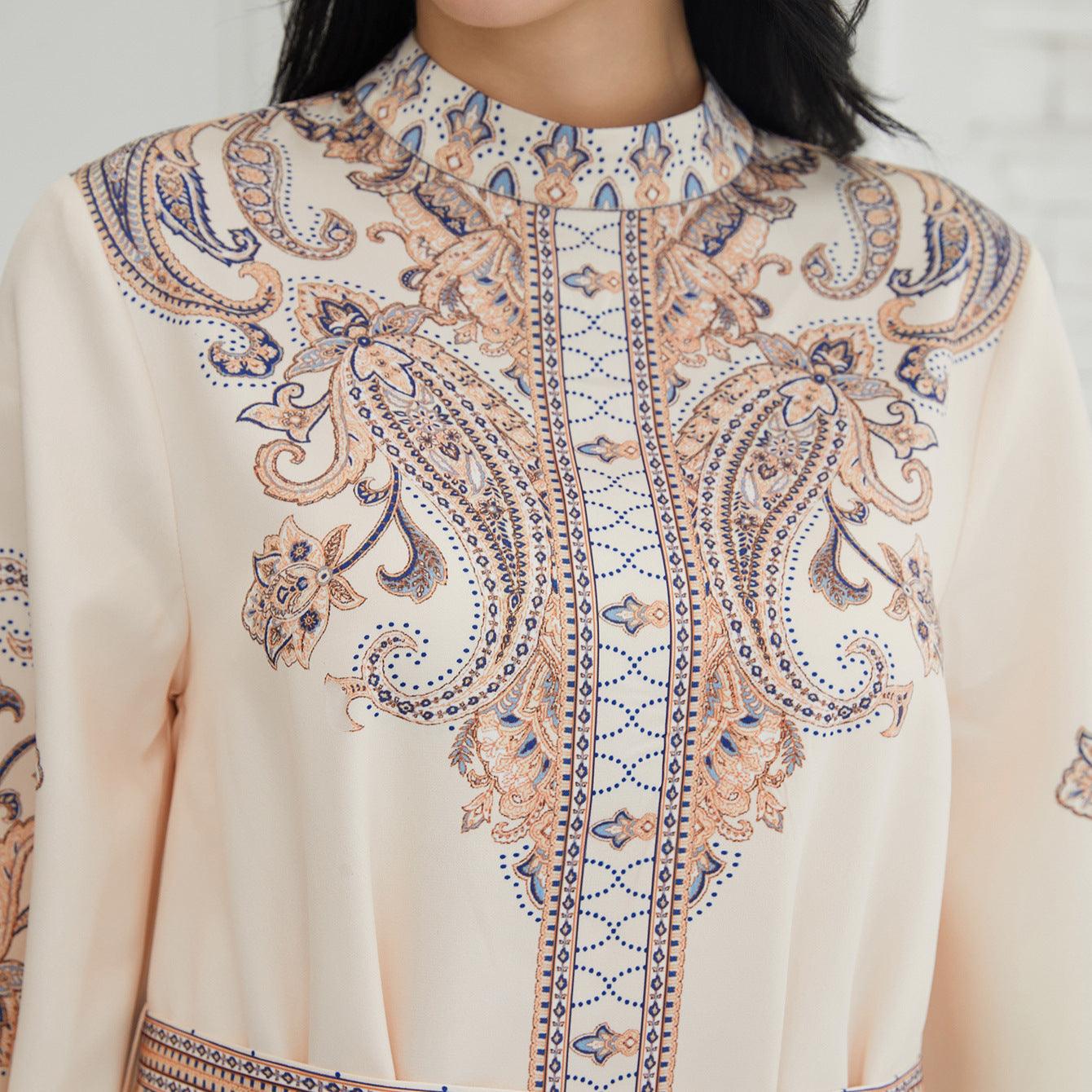 Stand Collar Printing Long Retro Muslim Dress