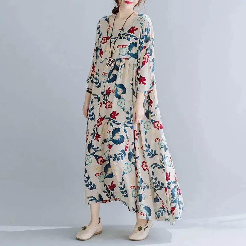 Plus Size Loose Panel Cotton Linen Print Short Sleeve Mum Maxi Dress