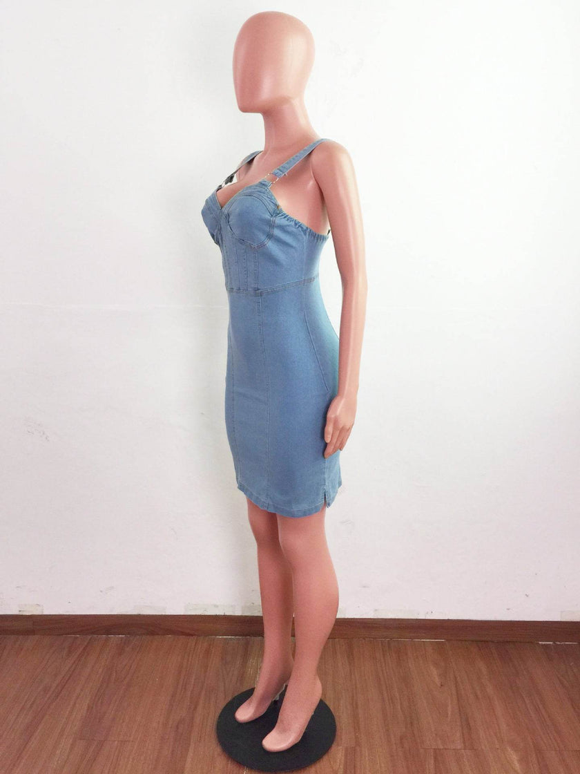 Women's Fashion Suspenders Slit Denim Dress