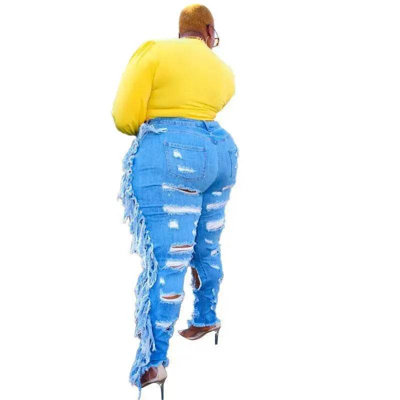 Adogirl Plus Size Side Tassel Holes Jeans Pencil Pants Women Charming Distressed Hollow Out Tight Denim Trousers Fashion Streetwear