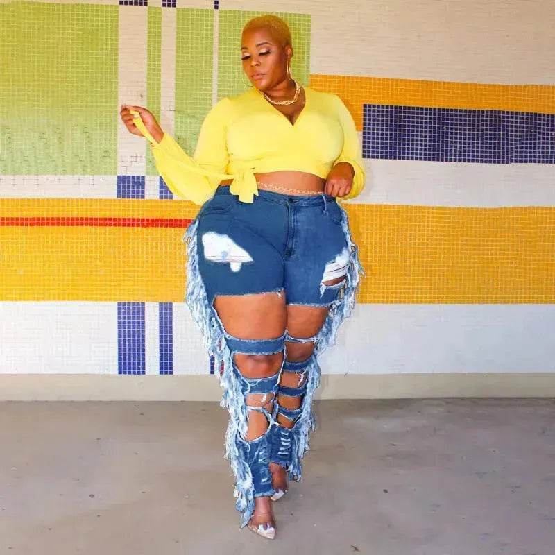 Adogirl Plus Size Side Tassel Holes Jeans Pencil Pants Women Charming Distressed Hollow Out Tight Denim Trousers Fashion Streetwear