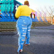 Adogirl Plus Size Side Tassel Holes Jeans Pencil Pants Women Charming Distressed Hollow Out Tight Denim Trousers Fashion Streetwear