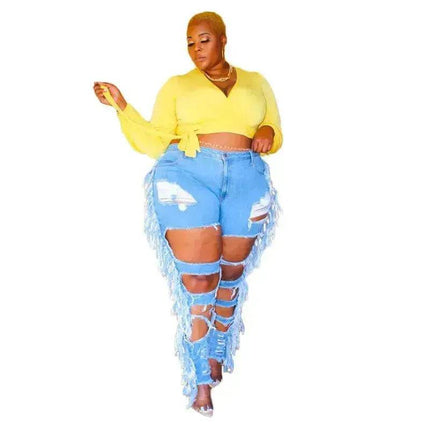 Adogirl Plus Size Side Tassel Holes Jeans Pencil Pants Women Charming Distressed Hollow Out Tight Denim Trousers Fashion Streetwear