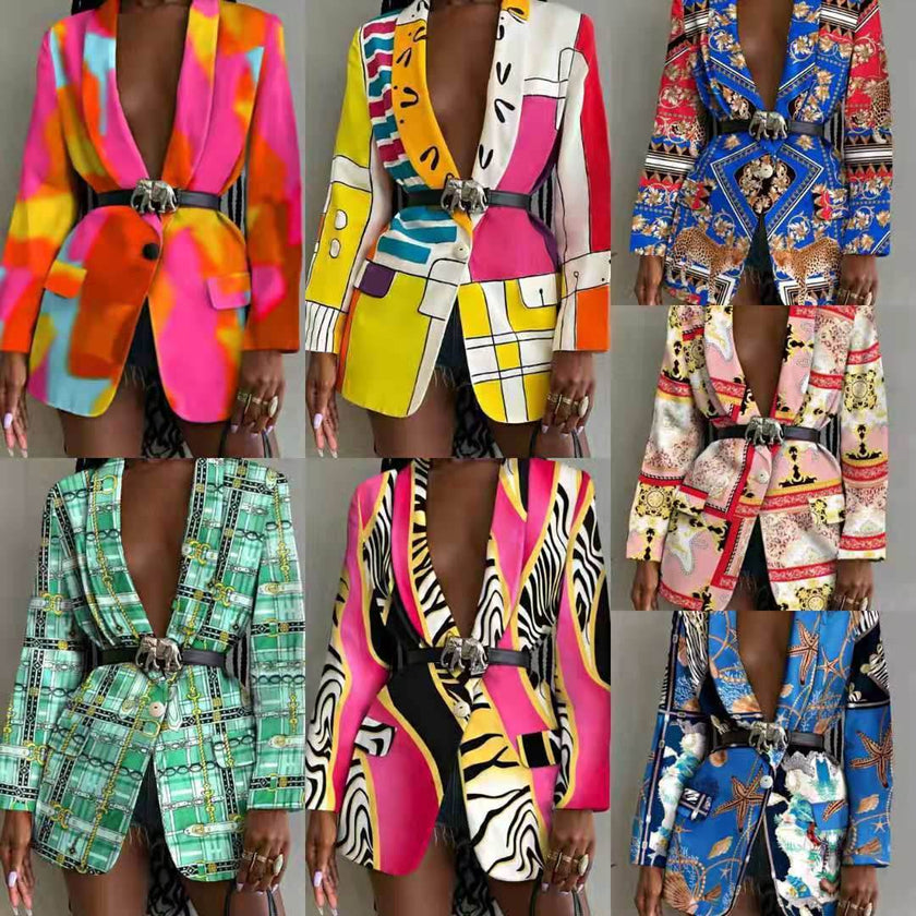 Fashion Printed Shawl Collar Single-breasted Belt Vintage Blazer Women