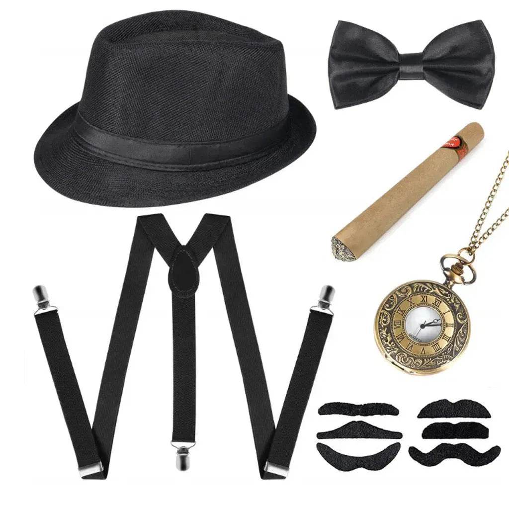 Party Men's Top Hat Pipe Pocket Watch Strap Tie Fake Cigar Set