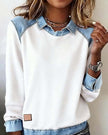 Denim Collar Long Sleeve Patchwork Knit Pullover Top – 16 Colours, S–XXXL
