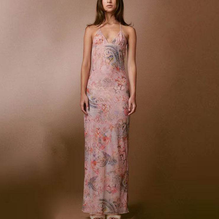 Halter neck Spaghetti Backless Butterfly Design Spring Summer long dress