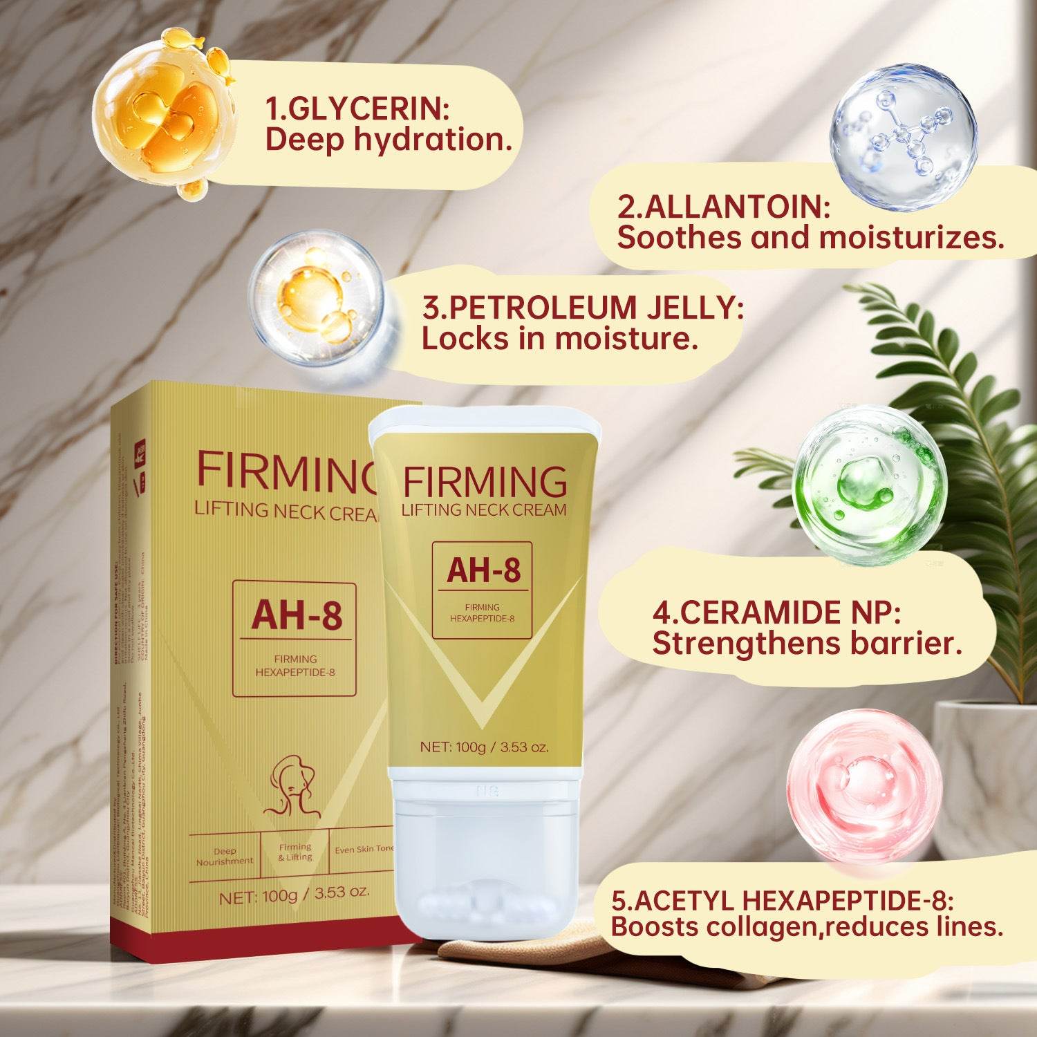 AH-8 Firming Neck Cream with Roller, Lifting and Tightening Neck Cream for Sagging Skin and Neck Lines, 100g