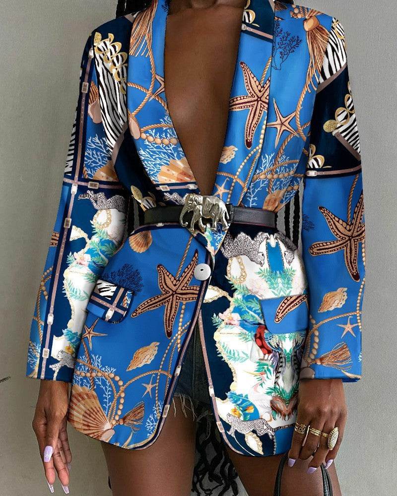 Fashion Printed Shawl Collar Single-breasted Belt Vintage Blazer Women