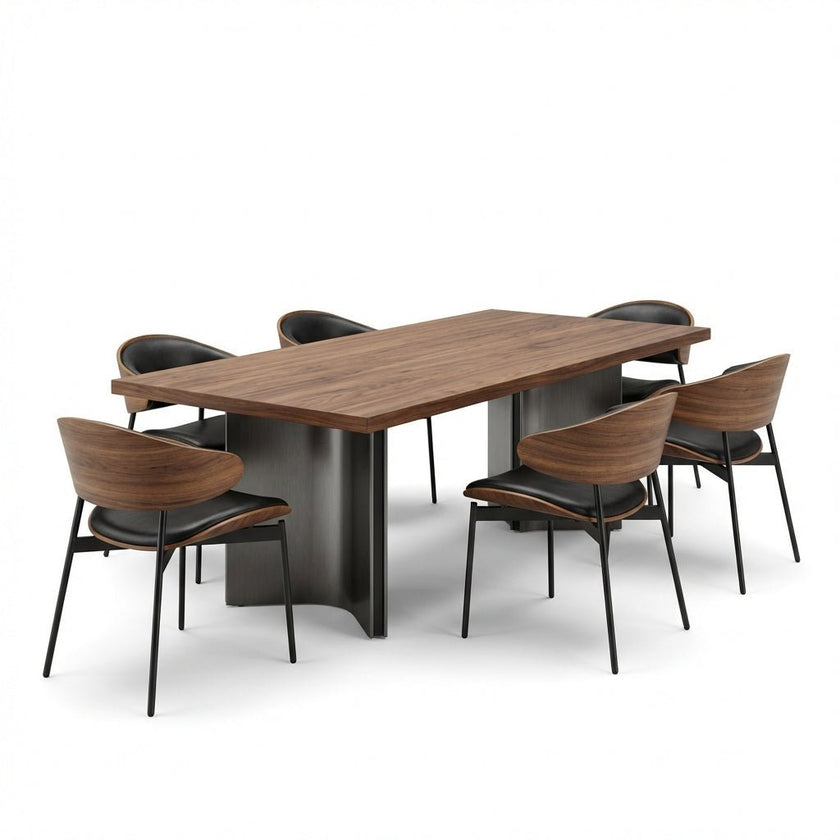 Aero Curve Walnut & Leather Dining Set with 6 Chairs