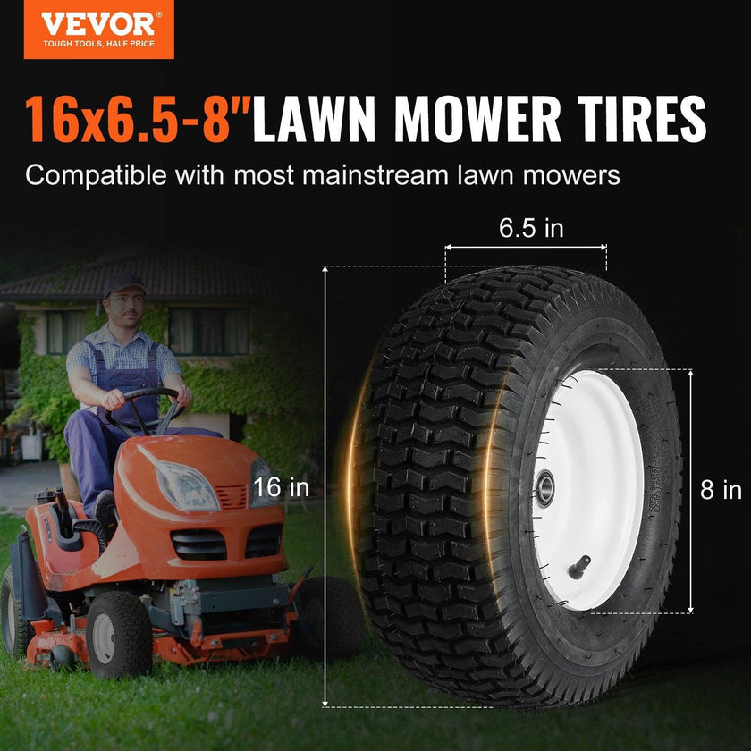 Lawn Mower Tires With Rim, 16x6.5-8' Tubeless Tractor Tires, 2-Pack Tire And Wheel Assembly, Turf Pneumatic Tires, 3' Offset Hub, 3/4' Bushing Size, 16 PCS Adapters For Riding Mower Lawn Tractor
