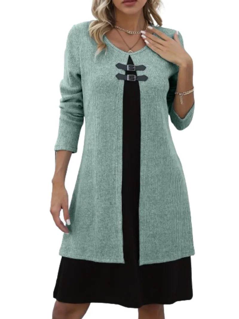 Contrast Color Buckled Round Neck Fashion Winter Sweater Dress