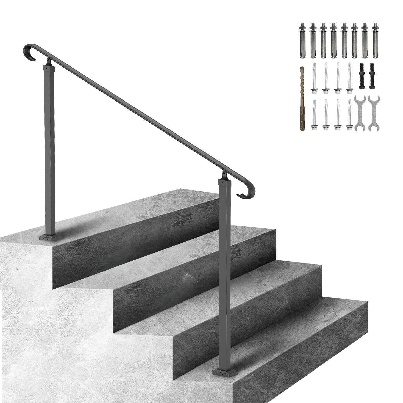 Handrails For Outdoor Steps, Fit 3-5 Steps Outdoor Stair Railing, Wrought Iron Handrail, Flexible Front Porch Hand Rail, Black Transitional Hand Railings For Concrete Steps Or Wooden Stairs