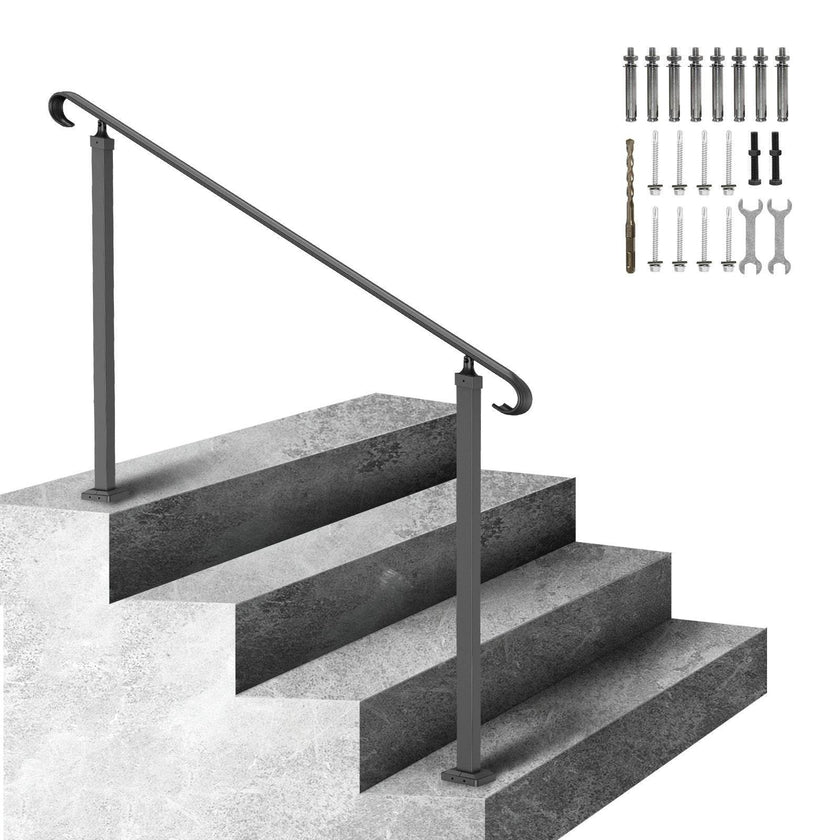 Handrails For Outdoor Steps, Fit 3-5 Steps Outdoor Stair Railing, Wrought Iron Handrail, Flexible Front Porch Hand Rail, Black Transitional Hand Railings For Concrete Steps Or Wooden Stairs
