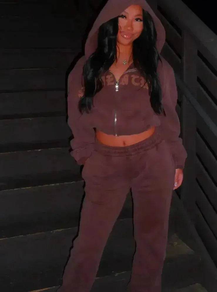 Ins Letter Sports Suit Zip-up Hooded Cropped Sweatshirt  jogging  pant tracksuit Fashion Womens Clothing Two piece joggers