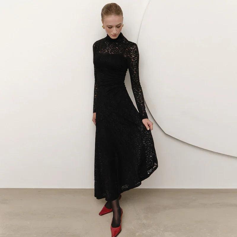 Black Lace Dress – High Waist Floral Crochet Elegant Women’s Dress