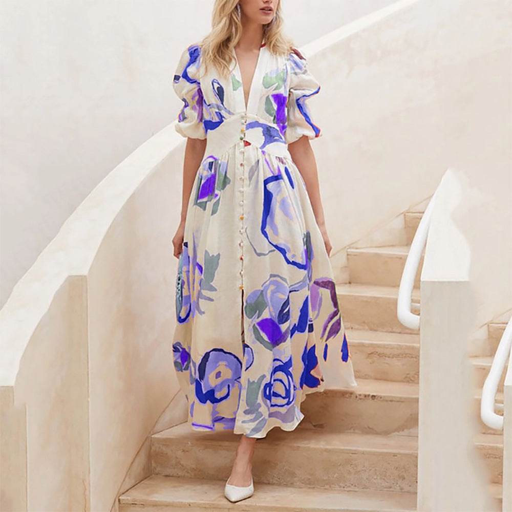 Summer Print Dresses V-neck Button Short Sleeve Midi Dress