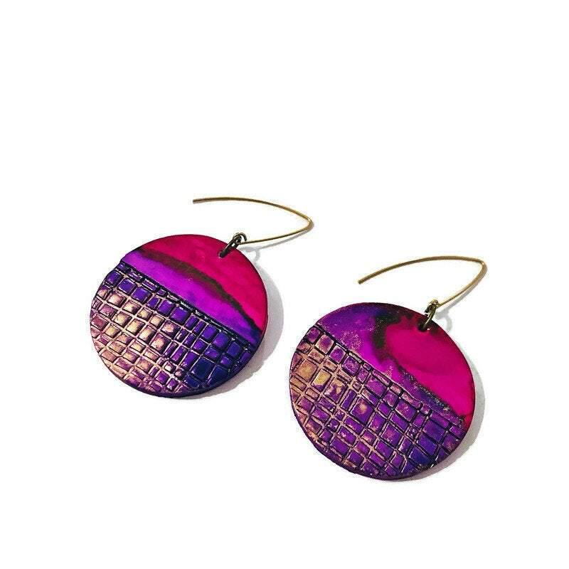Large Disc Dangle Earrings, Handmade Alcohol Ink – 
