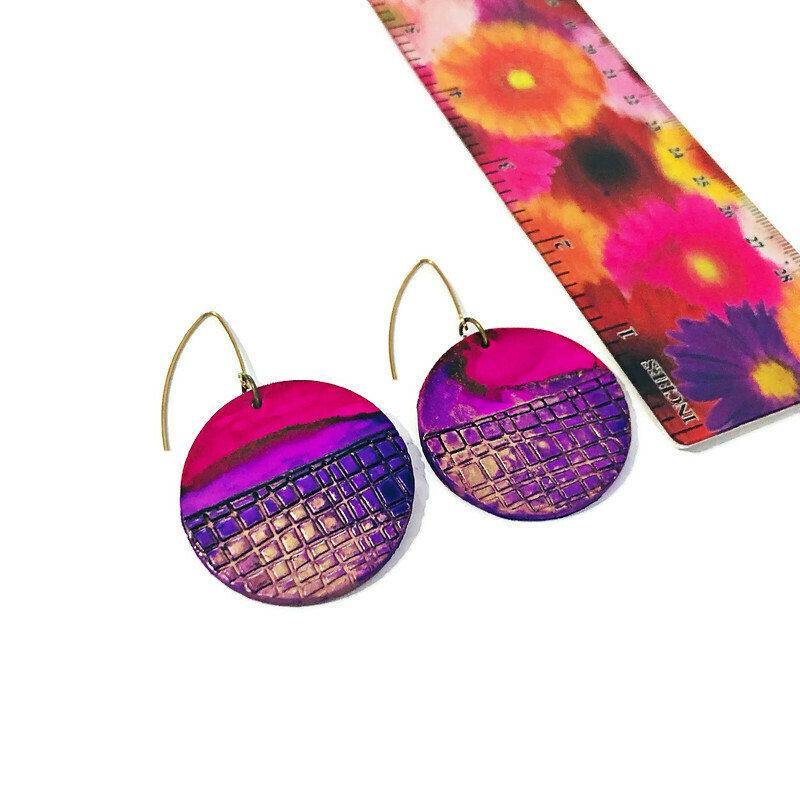 Large Disc Dangle Earrings, Handmade Alcohol Ink – 