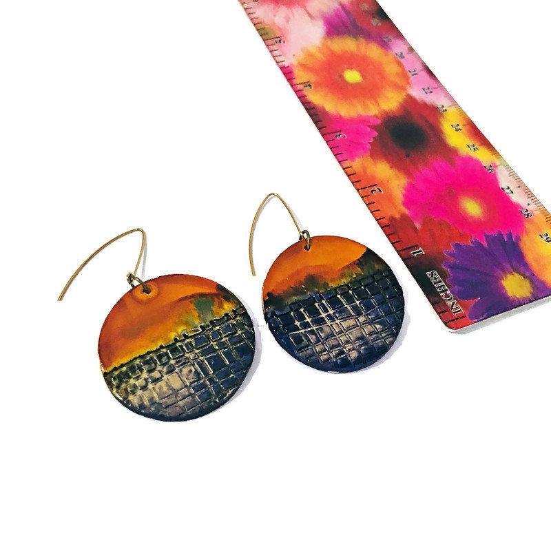 Large Disc Dangle Earrings, Handmade Alcohol Ink – 