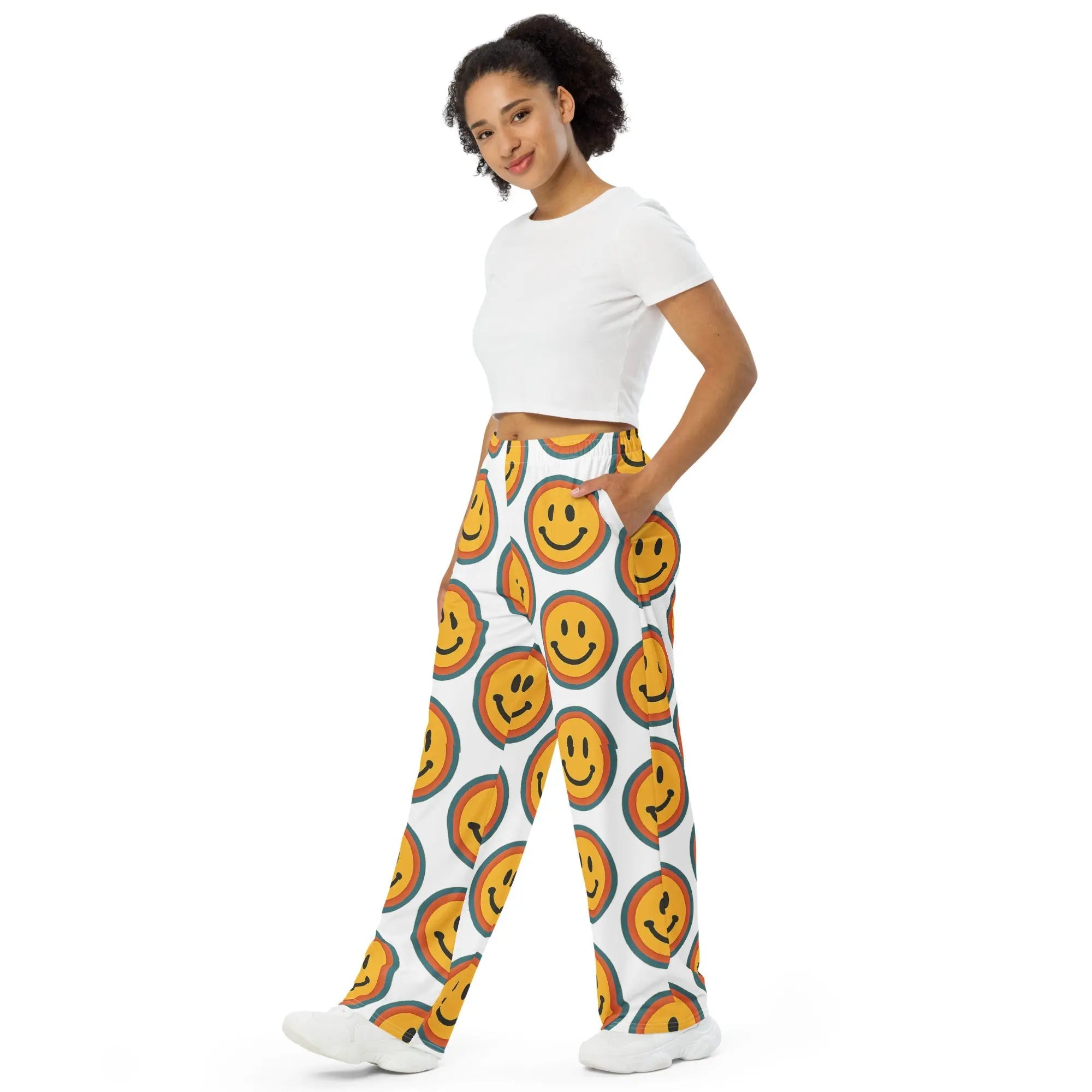 All-over print unisex wide-leg pants - retro smiley faces