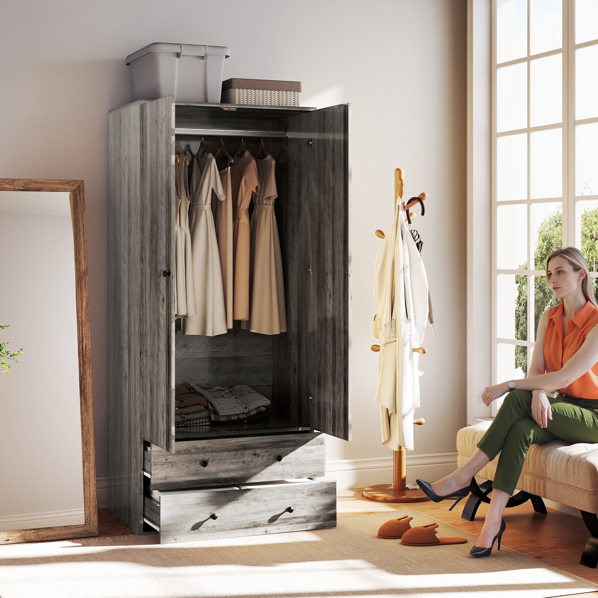 Briar Wardrobe Closet-Armoire with 2 Drawers and Hanging Rod-Grey