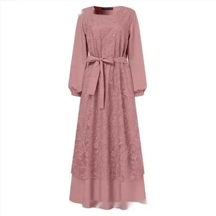 Arab  Round Neck Lace Floral Dress