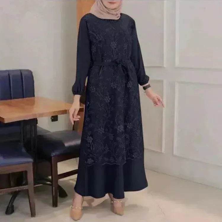 Arab  Round Neck Lace Floral Dress