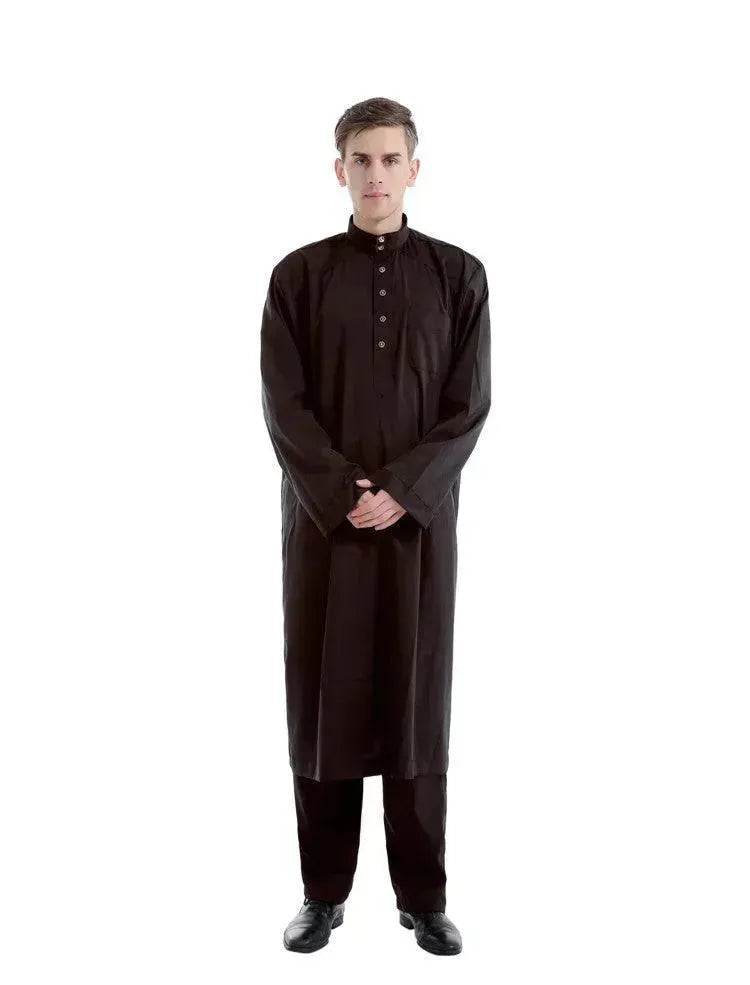 Fashionable and Elegant Arab  Two-piece Solid Color Men's Robe Moroccan Men's Jalabiya