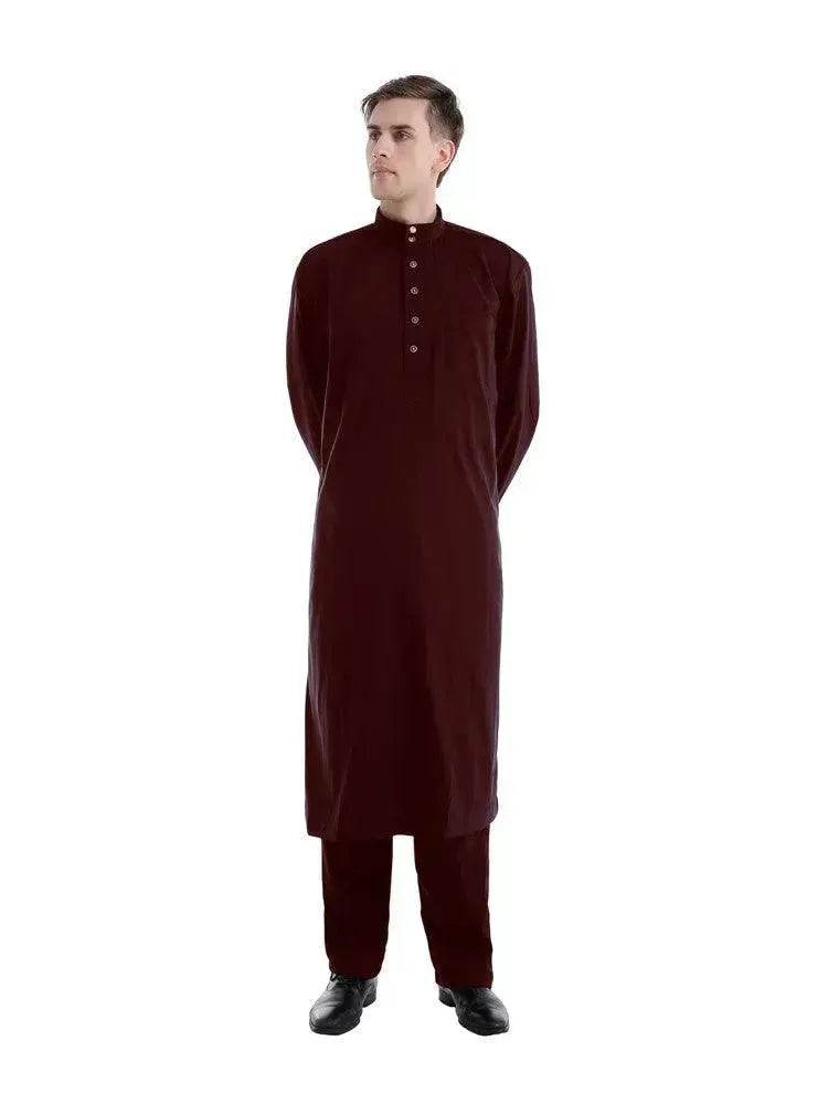 Fashionable and Elegant Arab  Two-piece Solid Color Men's Robe Moroccan Men's Jalabiya