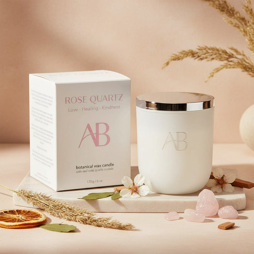 Rose Quartz Small Candle with Self-Compassion & Sandalwood Scent by Aromabotanical