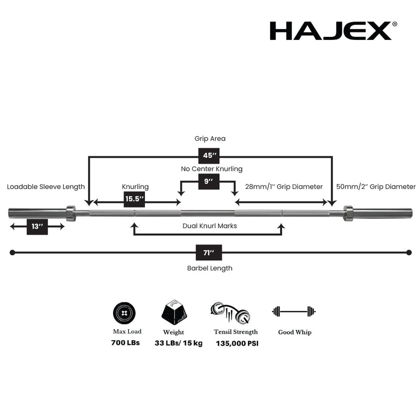 HAJEX Olympic and Standard Barbell Bars 4Ft, 5Ft, 6Ft and 7Ft