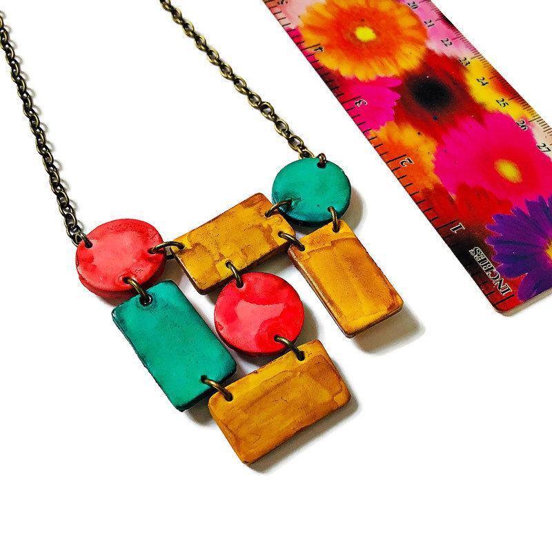 Artsy Statement Bib Necklace with Geometric Style Handmade from Clay & Painted