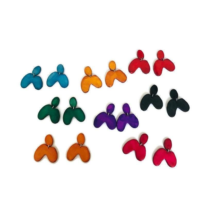 Red Asymmetric Arch Earrings Post or Clip On- 