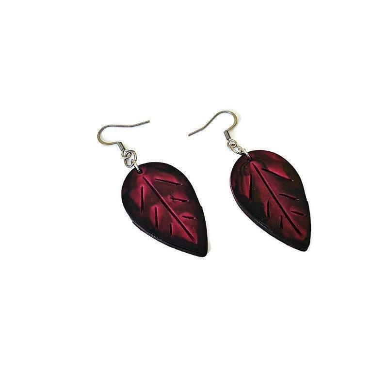 Autumn Leaf Earrings, Mismatched Mix and Match Dangles Mustard Maroon Green