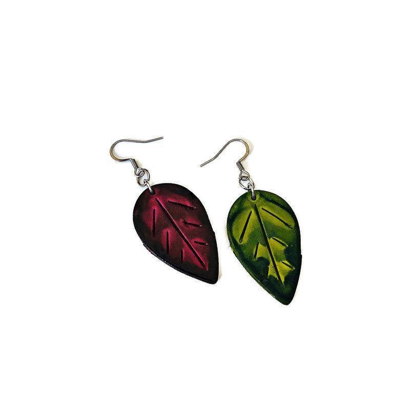 Autumn Leaf Earrings, Mismatched Mix and Match Dangles Mustard Maroon Green