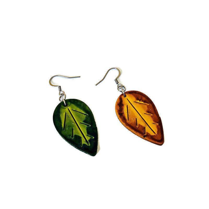Autumn Leaf Earrings, Mismatched Mix and Match Dangles Mustard Maroon Green
